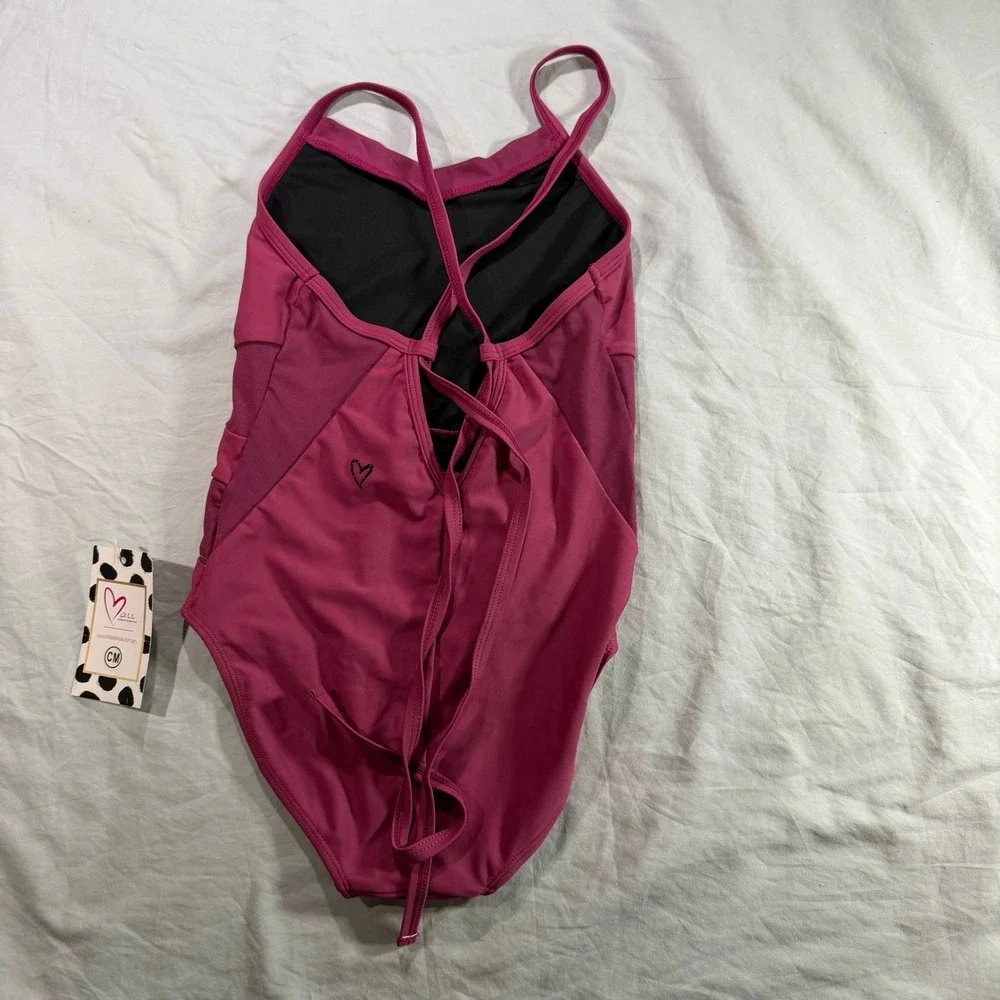Oh‎ La La Dancewear Kids Berry Pink Mesh Strappy Tie Back Leotard CM NWT
